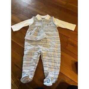 Vintage Laura Ashley Baby Boys Embroidered Car Footed Outfit Matching Hat 9M NEW